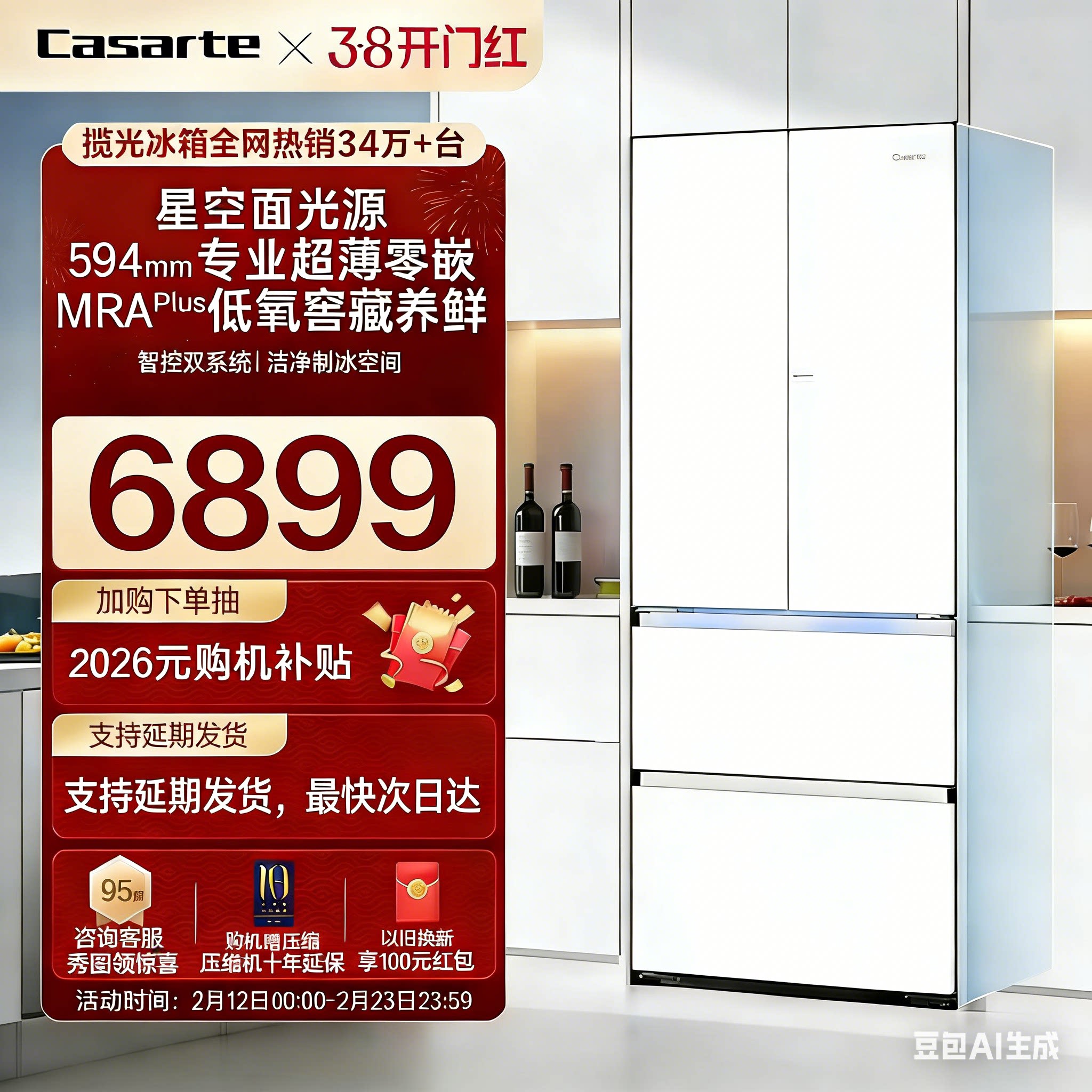 Casarte BCD-520WGCFDM4G6U1 超薄型非埋め込み式フレンチスタイル家庭用エアクーラー