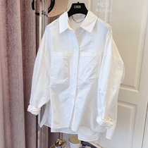 Japanese fabric ~ dark texture temperament design sense niche Korean loose cotton long sleeve white shirt womens coat 2021 ~