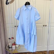 Buyer shop design sense niche layers pleated asymmetric pleated POLO collar bubble sleeve cotton dress 2021
