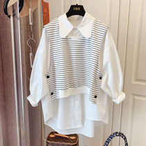 Design sense niche splicing striped vest fake two pieces loose casual irregular long sleeve shirt blouse women 2021