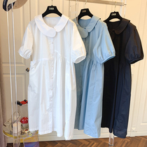 Design sense niche arc collar asymmetric water washing cotton loose meat cover casual French bubble sleeves with retro dress