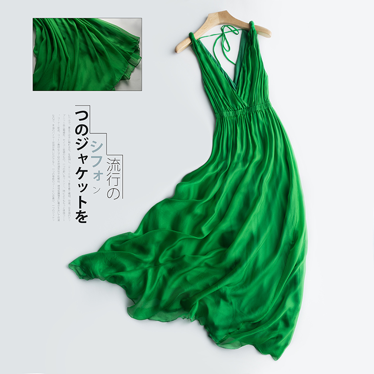 Taking Photos at the Beach, Super Fairy-Like Goddess V-Neck Silk Long Dress, Vacation Beach Travel Mulberry Silk Slim High-Waisted Dress