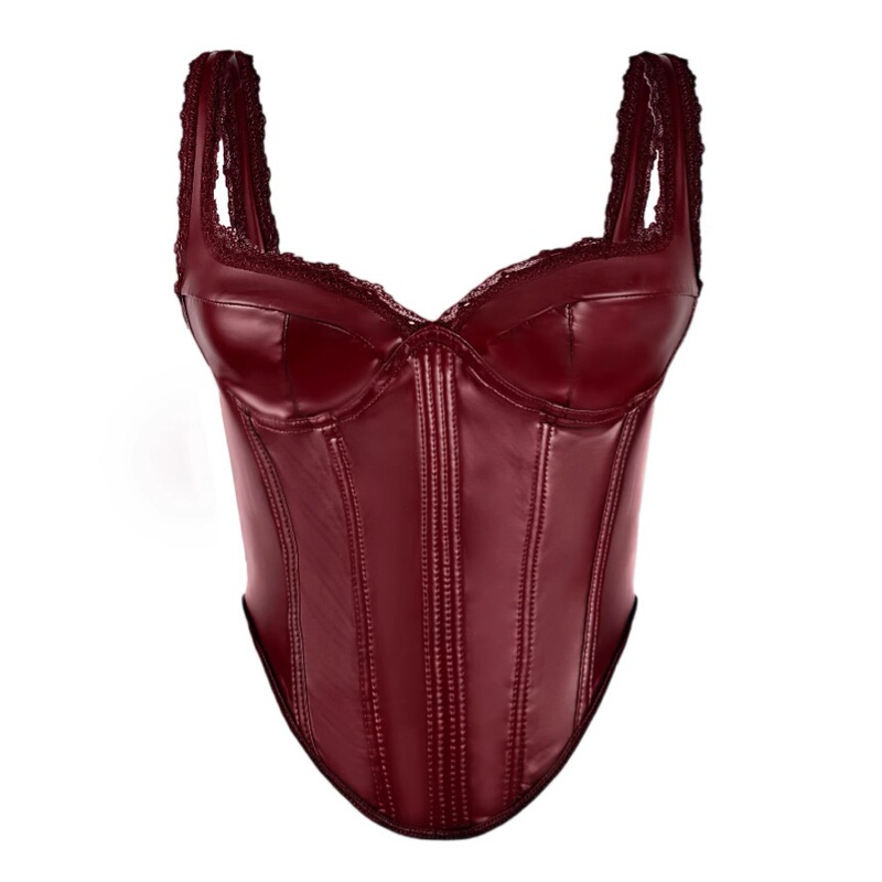 Pu Leather Lace Trim Outerwear Fishbone Bra Camisole Short Top Inner Wear French Sexy Hot Girl European and American Style Pu Leather Lace Trim Outerwear Fishbone Bra Camisole Short Top Inner Wear French Sexy Hot Girl European and American Style