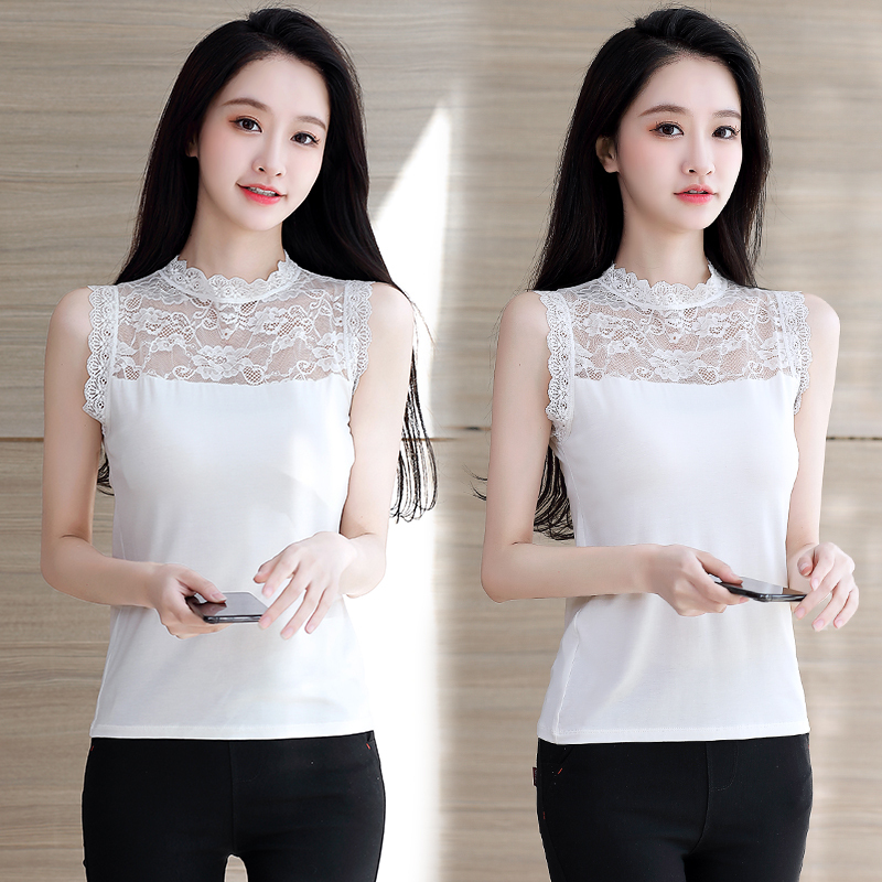 Mid-High Collar Base Shirt for Women, New Summer and Autumn Women's Clothing, Modal Hollow Lace Sleeveless Camisole Inner Top