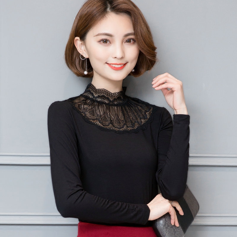 Spring and Autumn Women's Half-High Collar Modal Base Shirt, Long-Sleeve Stand Collar T-Shirt, Slim Lace Top, Autumn Clothing