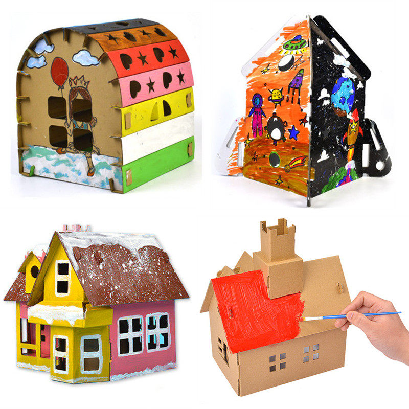 3D corrugated paper assembled cabin model graffiti DIY castle paper plate case house toddler manual work material bag