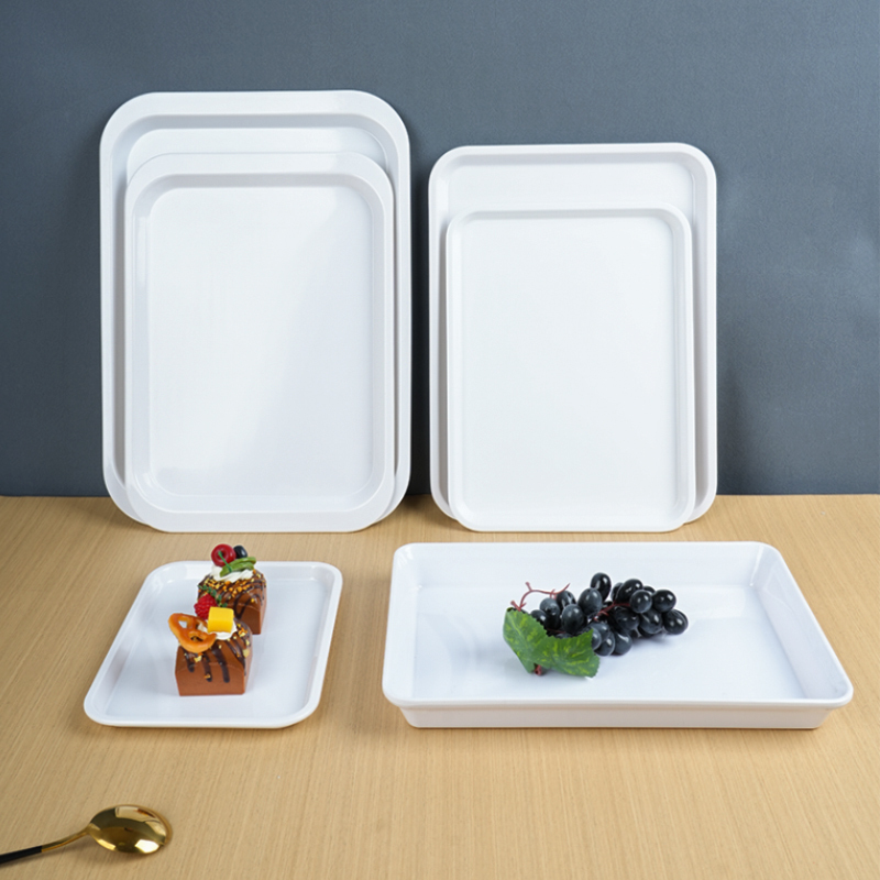 Thickened Rectangular Tray, Imitation Porcelain White Plate, Plastic Cooked Food Skewer Plate, Bread Snack Plate, Kindergarten Meal Plate