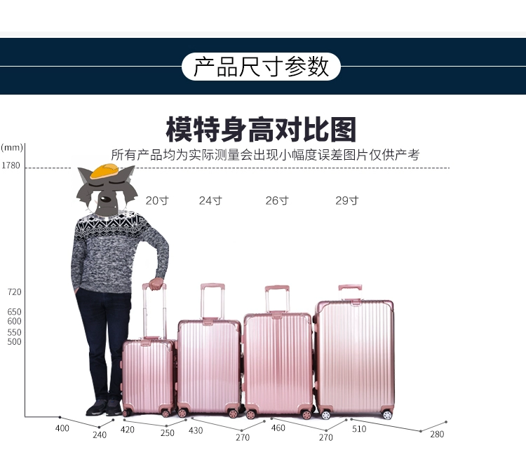 Khung nhôm hành lý phổ bánh xe 26 vali hộp nam 22 mật khẩu hộp da 20 inch hoa hồng vàng xe đẩy trường hợp nữ