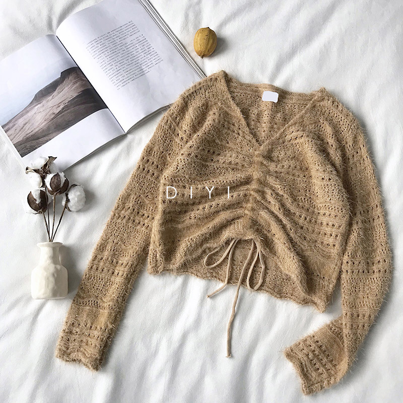 Áo len nữ dây rút rỗng Hippocampus 2018 Thu Đông Hàn Quốc Gió nhẹ eo cao Cổ ngắn tay áo len áo cardigan nữ