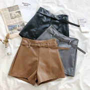 Quần short nữ bằng da PU 2018 thu đông Hàn Quốc thời trang eo cao đã mỏng manh hoang dã màu rộng chân bốt quần ống rộng có dây đai
