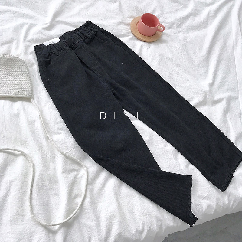 Nguyên cạnh đàn hồi eo denim cắt quần nữ 2018 đầu mùa thu mới Hàn Quốc phiên bản đơn giản màu rắn cao eo rộng chân quần âu quần bò ống sớ