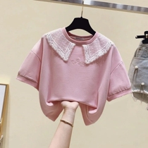 Girls summer cotton doll collar short sleeve T-shirt female middle child 2021 new summer lace short sleeve coat tide