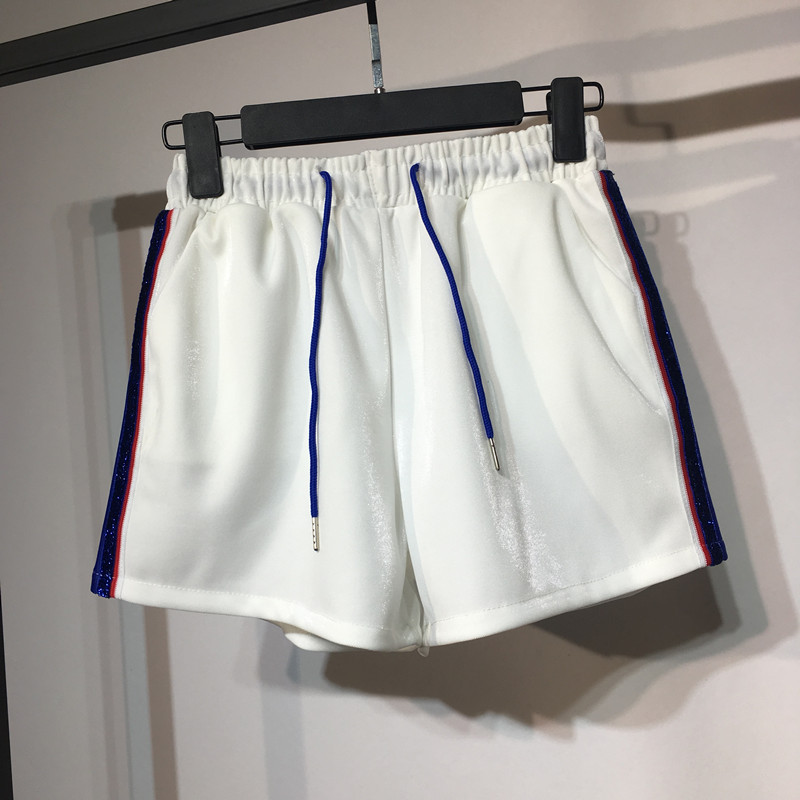 Mát Hàn Quốc phiên bản của các bên của băng sáng lụa đan thể thao quần short nữ mùa hè đàn hồi eo lỏng quần chân rộng mỏng quần nóng quần short vải nữ hàn quốc