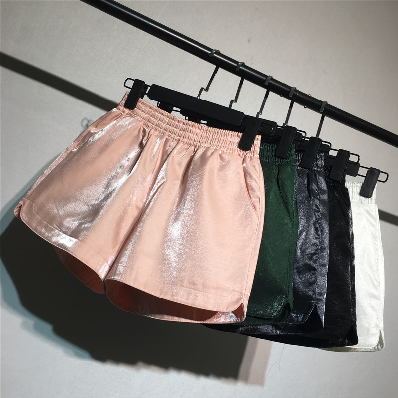 Cool Elastic High-Waisted Ice Silk Shiny Shorts for Women, New Spring and Summer Casual Hot Pants, Loose A-Line Wide-Leg