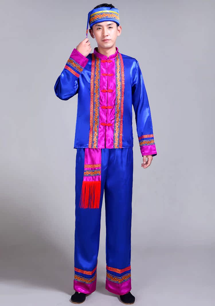 2018 mới Vân Nam trang phục thiểu số nam trưởng thành Miao trang phục biểu diễn Dai Zhuang cucurbit lụa trình diễn quần kaki nam