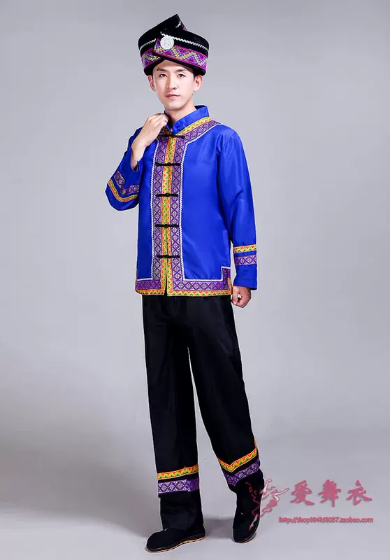 New Zhuang trang phục trang phục nam người lớn March ba thiểu số quần áo khiêu vũ cucurbit lụa hiệu suất quần áo dài tay áo quần vải nam