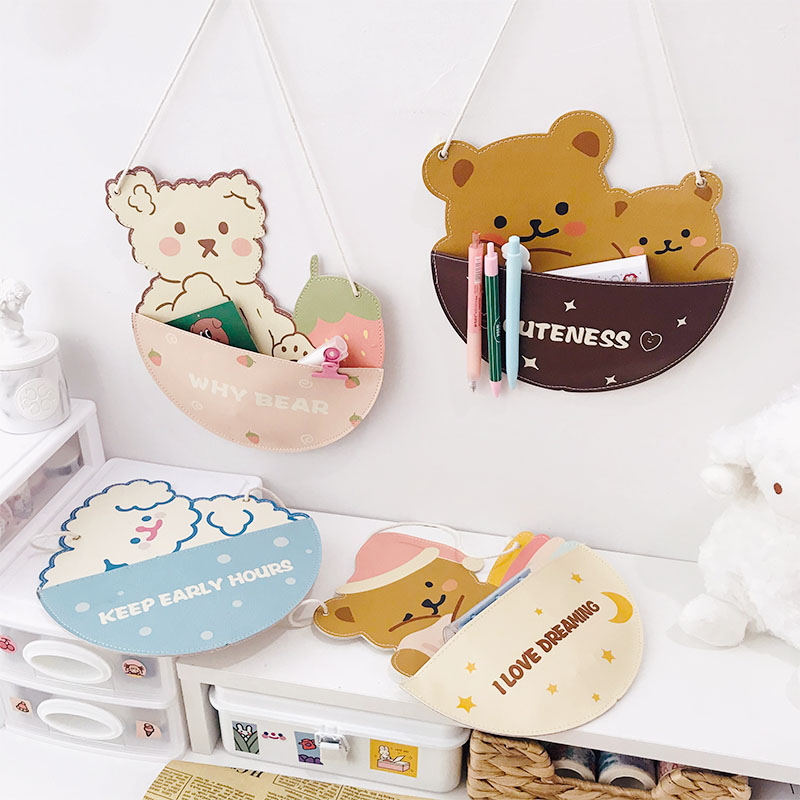 Cute strawberry bear hanging bag single grid hanging pocket su color door back wall bag wall hanging PU storage bag wall decoration
