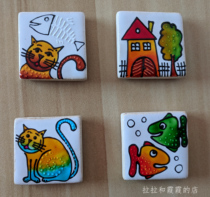 Czech Made handmade painted square ceramic fridge with cat and fish house Domestic spot