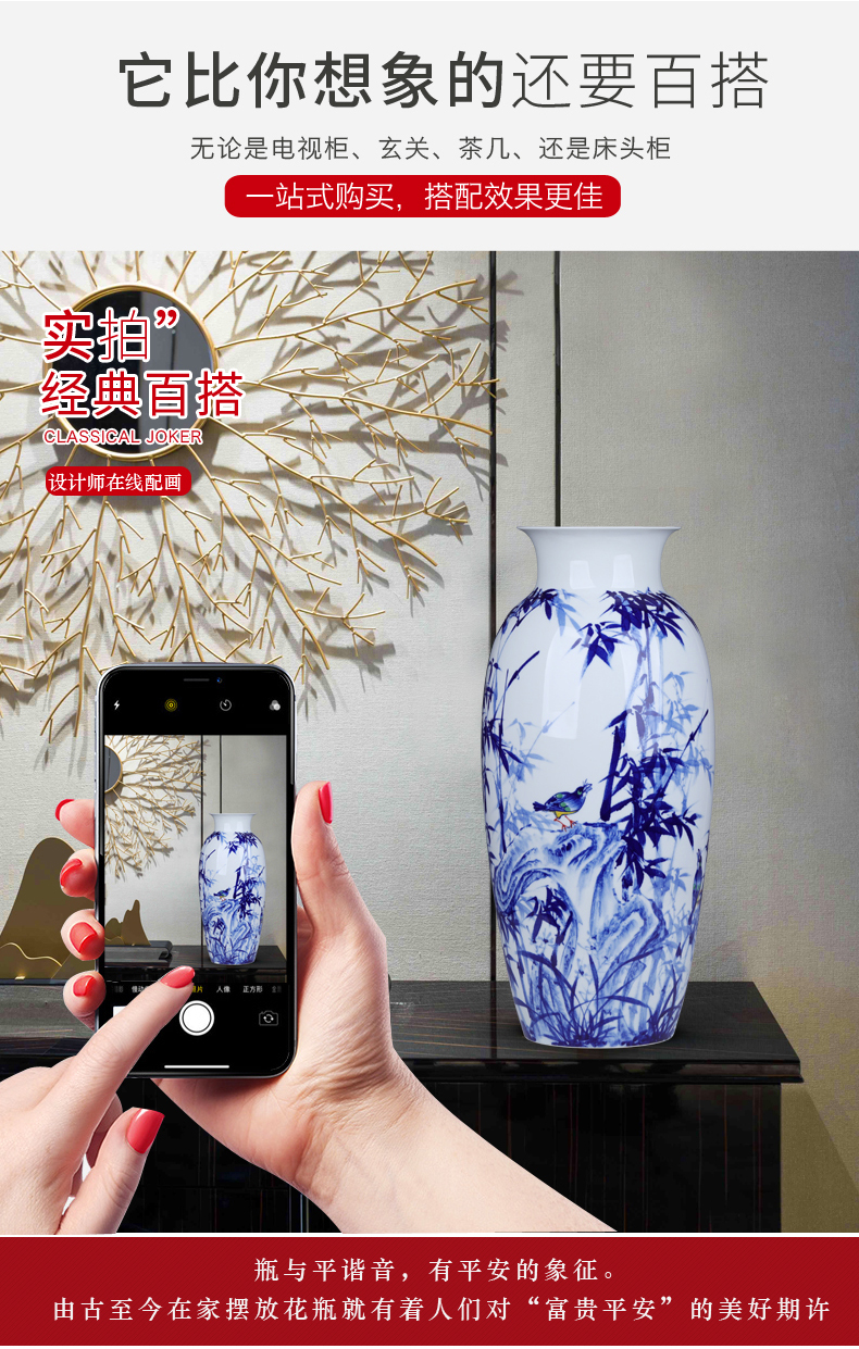 Jingdezhen hand - made bamboo report peaceful big blue and white porcelain vase furnishing articles wide expressions using ceramic sitting room decoration home decoration