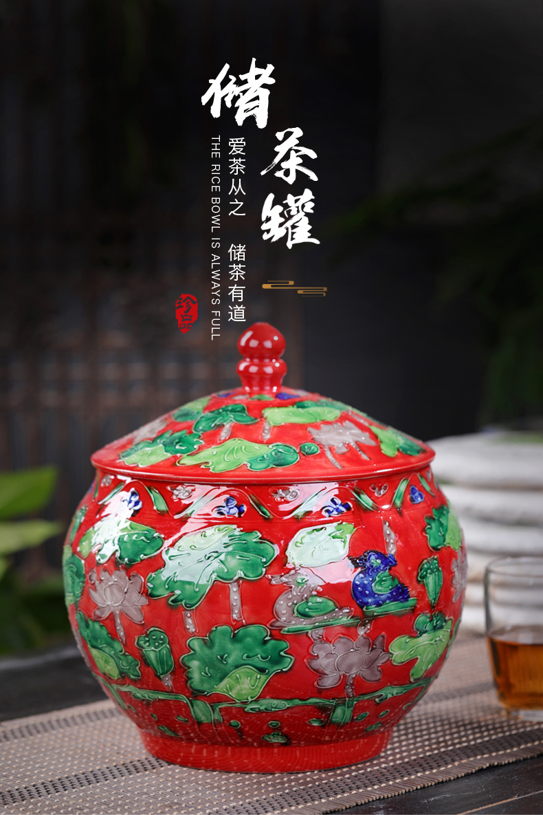 Jingdezhen ceramic carved lotus tea jar large storage tanks with cover loose tea home storage tank capacity