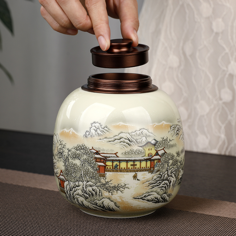 The west lake longjing tea pot ceramic seal pot metal cover storage POTS small jingdezhen tea, green tea