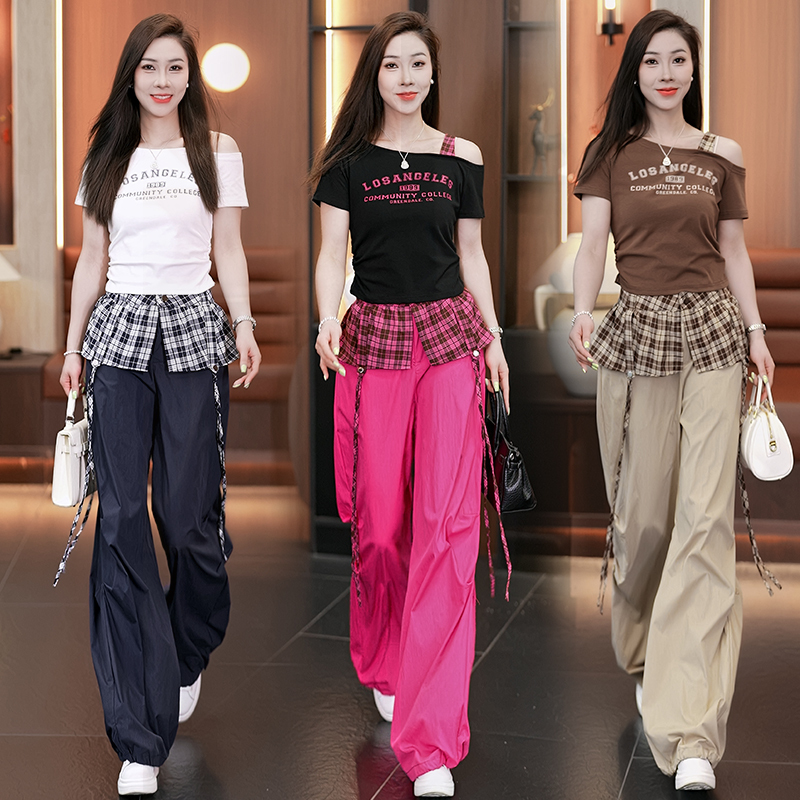 Fashionable Workwear Style Suit for Women 2026 Summer New Off-Shoulder Short-Sleeve Wide-Leg Pants Two-Piece Set Slimming Versatile Age-Reducing