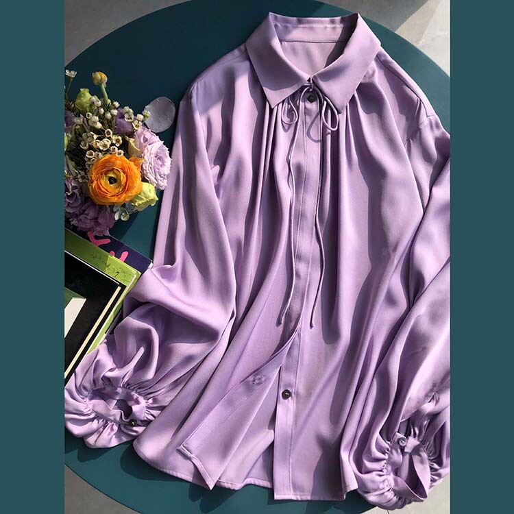 Romantic Madame Elegant Wisteria Color Loose Draped Lantern Sleeves Mulberry Silk Satin Long-Sleeved Lace-Up Shirt