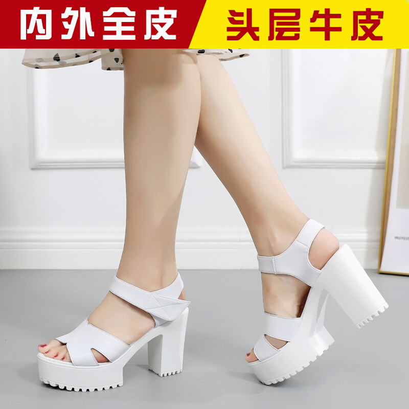 High-Heeled Sandals for Women, Genuine Leather, White, Summer Wedding Shoes, Waterproof Platform, Catwalk Shoes, Thick-Soled, Chunky Heel, Peep-Toe Shoes, Large Size Women's Shoes