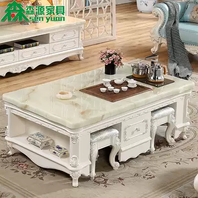 European-style marble solid wood multifunctional kung fu coffee table white tea table TV cabinet combination simple small apartment