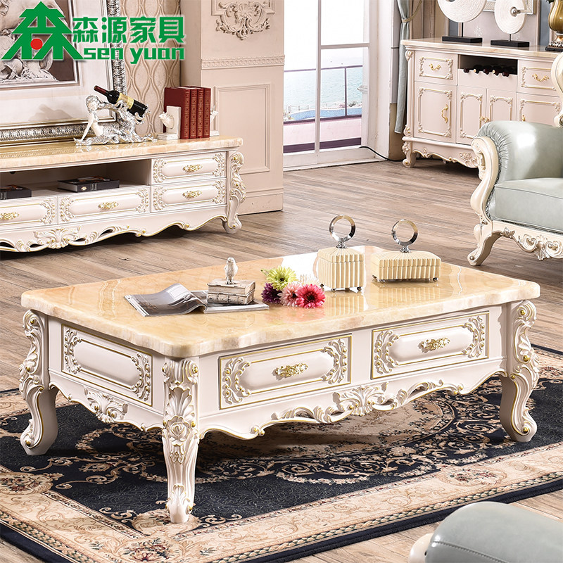 Eurostyle Tea Table TV Cabinet Composition Marble Tea Table Living Room Full Solid Wood Carved Flower TV Cabinet Furniture Suit