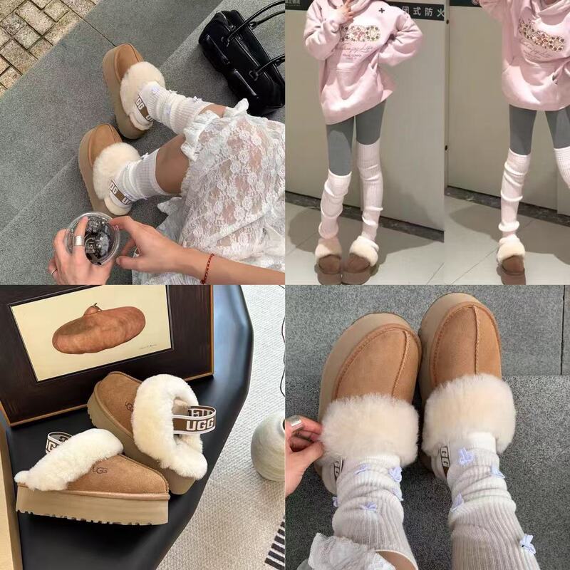 [Naughty Ugg New Winter Style Warm Thick-Soled Fur Slippers with Logo Elastic Band and Closed Toe for Women 1113474]