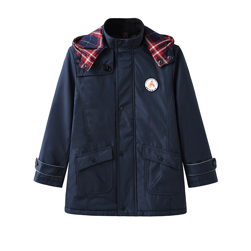 Long College uniform Zhuji Jinan Primary School winter uniform Navy blue cotton coat Hooded jacket School uniform cotton suit