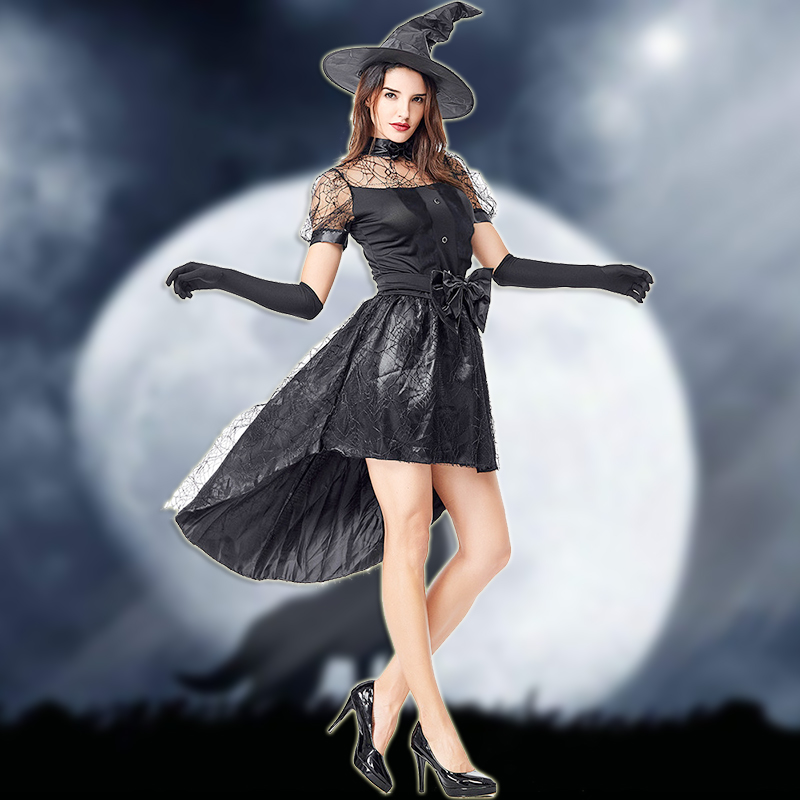 Lace witch dovetail skirt Halloween Adult Costume Cosplay Female Witch Sexy Gala Performance Gown