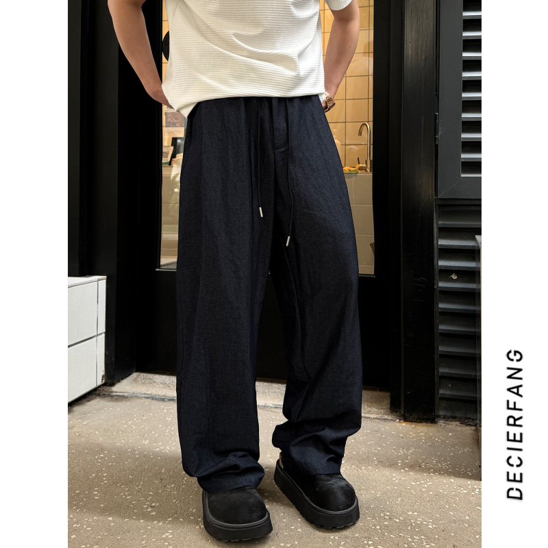 Retro Style Men's Summer Thin Loose Straight Drawstring Elastic Waist High Street Fashion Brand Casual Pants