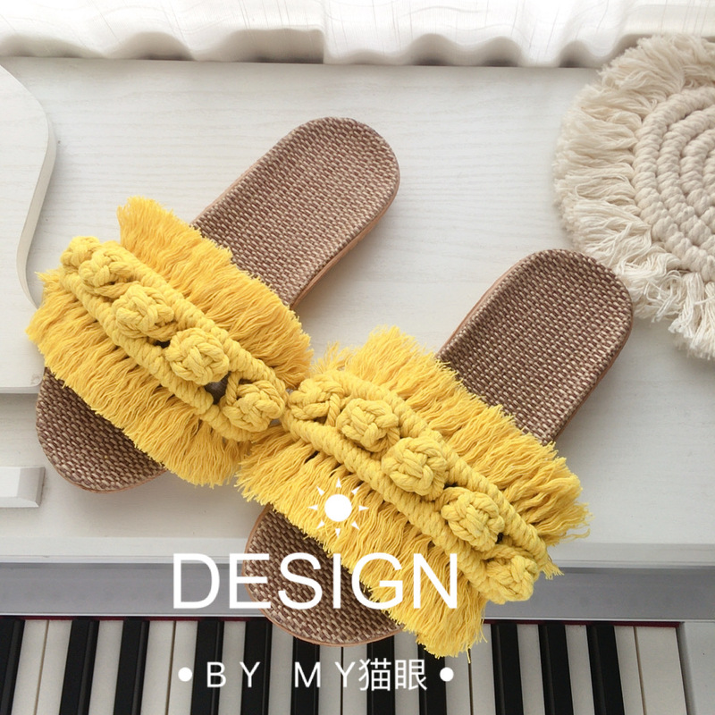 My Thai Improved Linen Straw Slippers Macrame Hand-Knitted Tassel Home and Outdoor Flat-Soled Family Slippers
