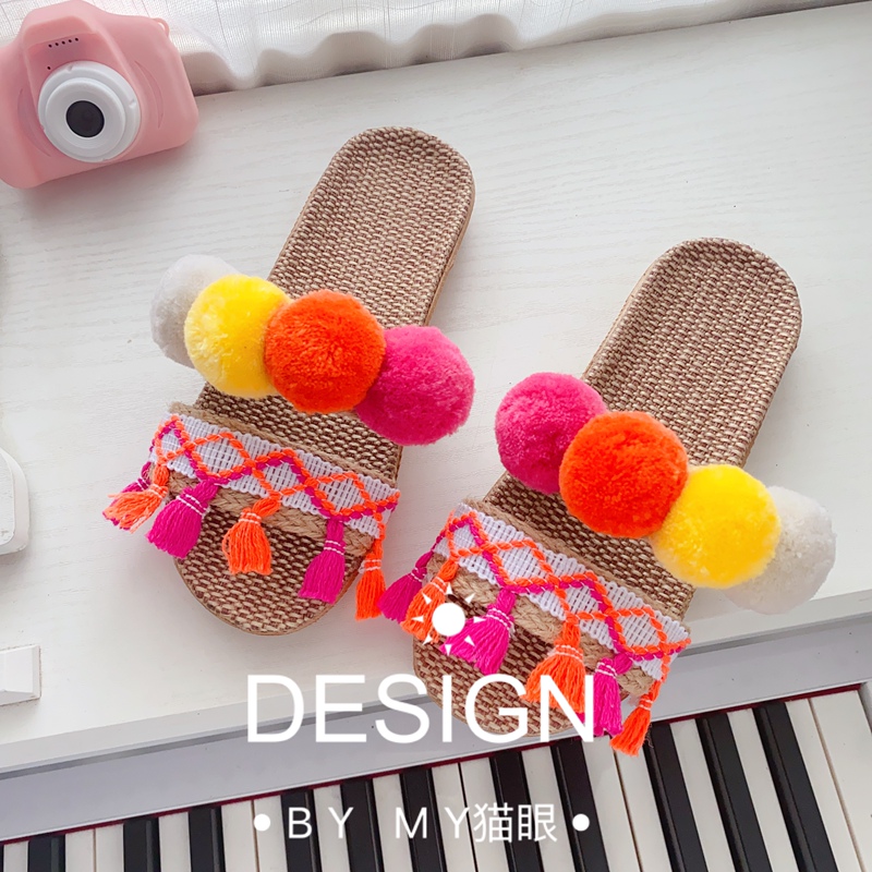 My Resort-Style Kidsren's Summer Flat-Heeled Slip-On Slippers Bohemian Style Colorful Ball Linen Slippers
