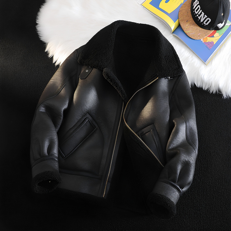 Men's Fur-Lined Winter Jacket, Thickened Motorcycle Jacket, Deerskin Velvet Leather Jacket, Lamb Wool Cotton-Padded Coat