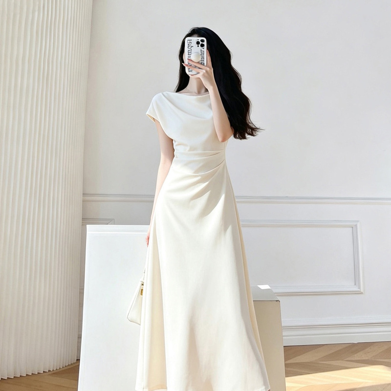 White Designer French-Style First Love Dress for Women, Summer Waist-Cinching Slimming Retro Petite High-End Elegant Long Dress