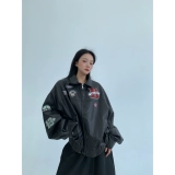 [Скидка 25% на новые товары 8.8 20:00] Женская куртка из искусственной кожи из древесных отходов в американском стиле, покрытая вышивкой в ​​кубинском стиле.
