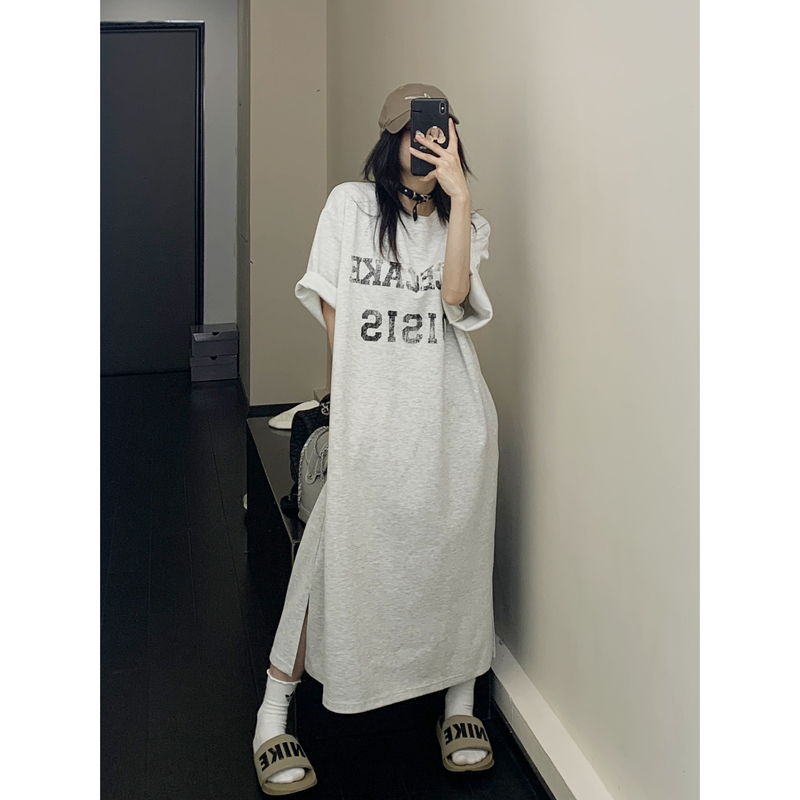 Trendy Chic Summer New Style Simple High-End Oversized Over-The-Knee Long Short-Sleeved Women's T-Shirt Dress