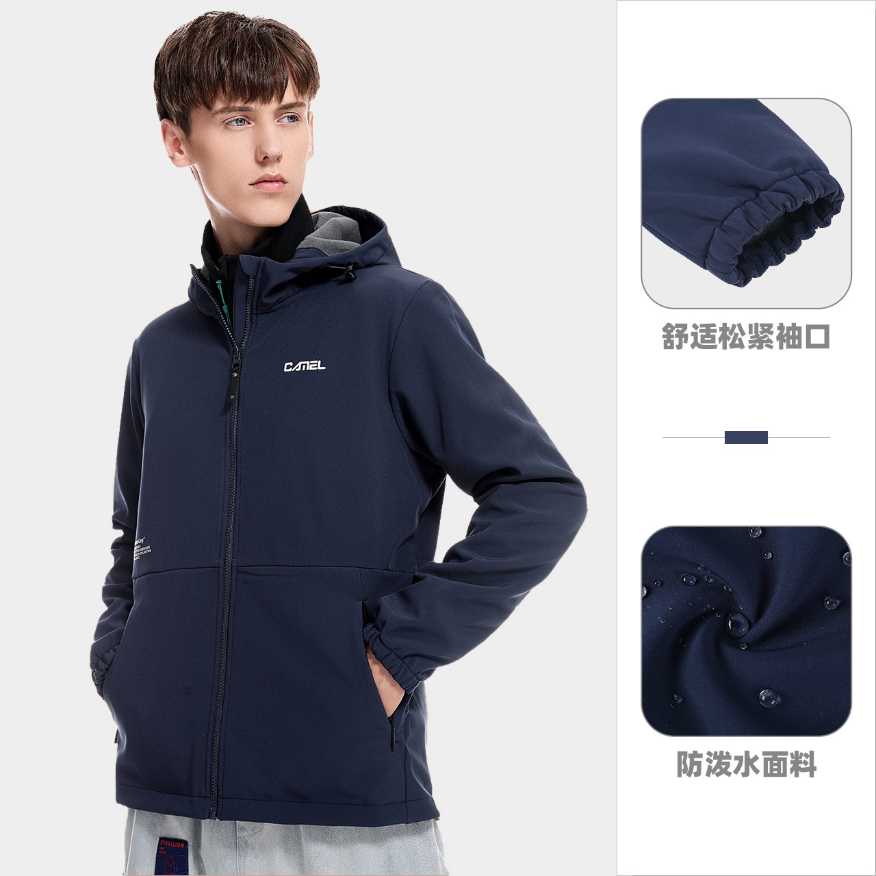 A0w218143, Ink Blue, MaleCamel outdoor Soft shell garment men and women   2021 spring keep warm Plush charge Soft shell garment Mountaineering Jacket loose coat tide