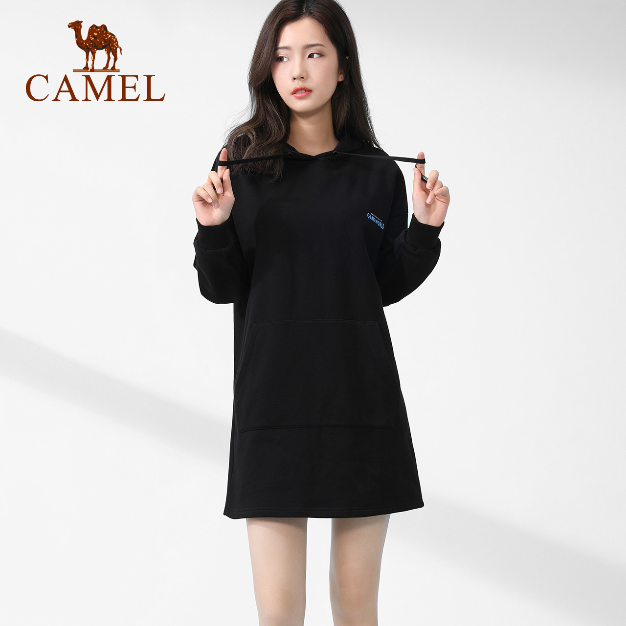 Camel sports knit dress women's 2021 Korean version loose casual mid-length skirt black hooded long skirt