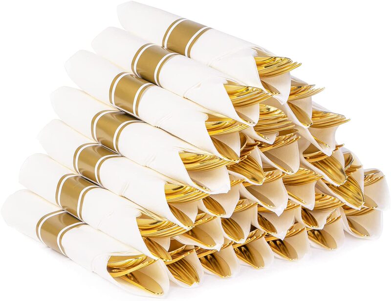 25-Piece Disposable Plastic Gold Cutlery Set with Napkins, Party Set, Rose Gold Three-Piece Cutlery Set, Silver 25-Piece Disposable Plastic Gold Cutlery Set with Napkins, Party Set, Rose Gold Three-Piece Cutlery Set, Silver
