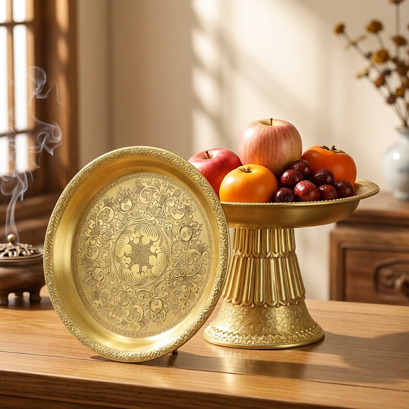 Hui Bao Pure Brass Multi-Purpose Tray for Home Decoration, Mandala Fruit and Pastry Serving Tray, Fruit Plate, Tea Tray, Teapot Holder