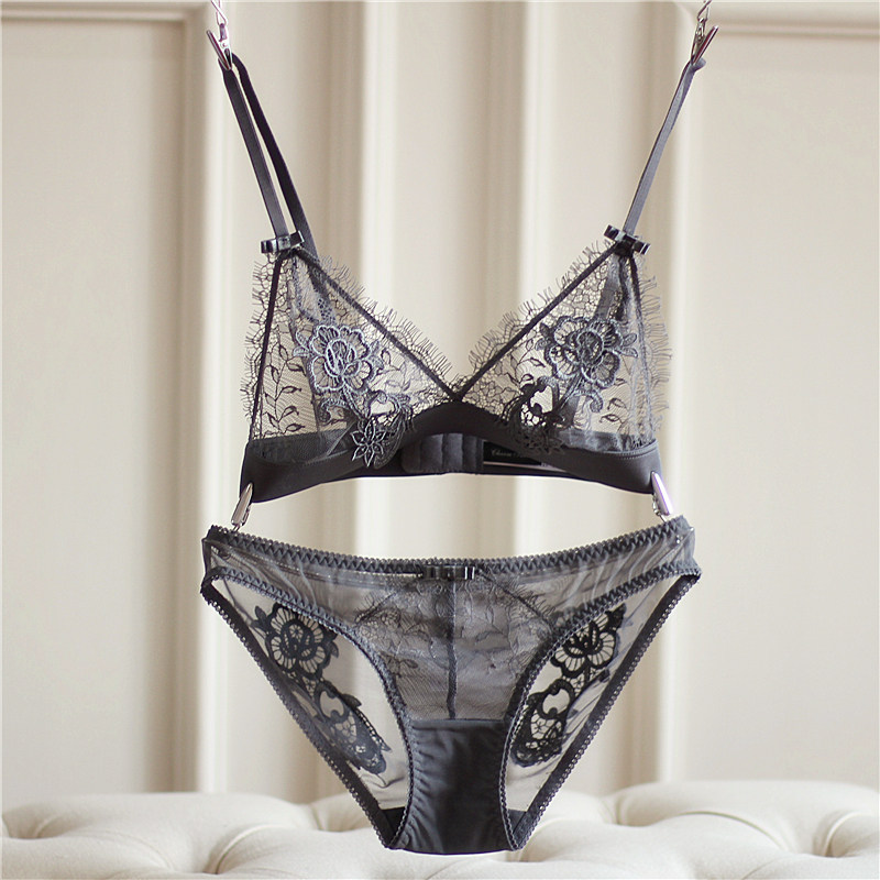 诱惑内衣超薄蕾丝水溶花性感无钢圈三角杯文胸套装欧美透明夏刺绣