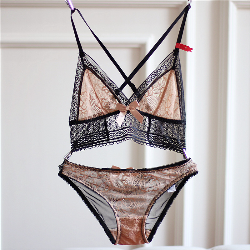 欧美文胸无钢圈透明蕾丝超薄内衣套装深V性感交叉带美背三角杯夏