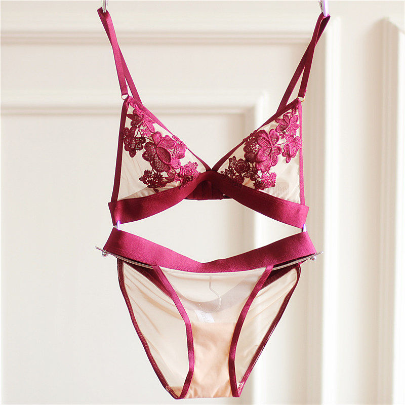 欧美文胸性感超薄蕾丝刺绣大花撞色软杯无钢圈三角杯内衣套装诱惑