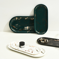 Xiaoxijia Nordic light luxury gold thread marbled ceramic oval disc jewelry Tray storage plate aromatherapy tray plate