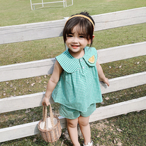 Girls set summer 2021 new foreign style childrens clothes plaid vest short pants set baby Summer two-piece set