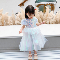 Girl Lian Dress Summer Short Sleeves 2021 New Ocean Gas Children Princess Dress Girl Yarn Dress Baby Skirt Summer Dress